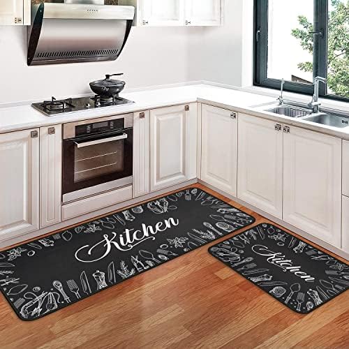 2 PCS Kitchen Rugs and Mats Non Skid Washable Black Kitchen Mat Soft Super Absorbent Anti Fatigue Kitchen Mat Runner Set Doormat Bathroom 17"x47"+17"x30"