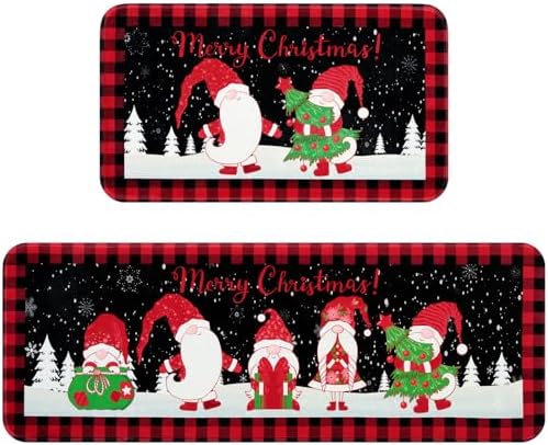 2 Pcs Christmas Kitchen Rugs and Mats, Christmas Santa Snowflake Buffalo Plaid Kitchen Mats for Floor 2 Piece Winter Kitchen Rugs Non Slip Washable 18'' x 48'' + 18'' x 30'' Christmas Decorations