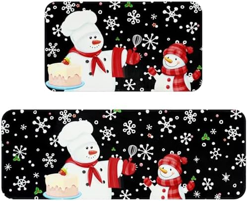 2 Pcs Christmas Kitchen Rugs and Mats, Merry Christmas Snowflake Kitchen Mats for Floor 2 Piece Winter Snowman Kitchen Rugs Non Slip Washable 18'' x 48'' + 18'' x 30'' Christmas Decorations, Black