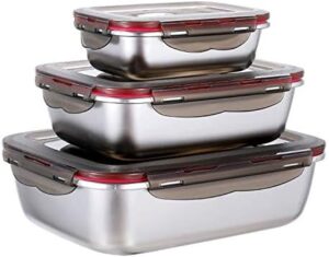 3 Pieces Stainless Steel Food Storage Container with Lids Airtight Metal Food Containers Stackable Meal Prep Leftover Containers for Freezer Fridge Oven Dishwasher Safe 600ml/1500ml/2900ml