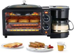 3 in 1 Breakfast Station, Toaster with Frying Pan, Portable Oven Breakfast Maker with Coffee Machine, Non Stick Die Cast Grill/Griddle for Bread Egg Sandwich Bacon Sausages