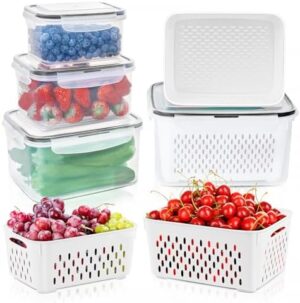 4 PCS Fruit Storage Containers for Fridge with Removable Colander, Airtight Food Storage Container, Dishwasher Safe Produce Saver Container for Refrigerator, Keep Berry Fruit Vegetable Fresh Longer