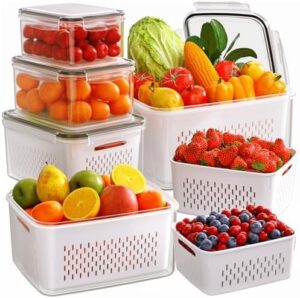 5 PCS Fruit Storage Containers for Fridge with Removable Colanders, 5 Plastic Food Storage Containers with 5 Lids, Leakproof Produce Containers Keep Fruits, Vegetables, Berry, Meat Fresh Longer