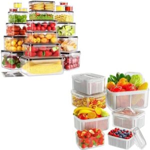 5 Pack Fruit Vegetable Storage Containers for Fridge with Colander & 20 Pack Food Storage Containers with Lids Airtight for Fridge