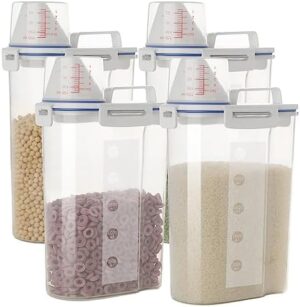 5.5 Lbs Rice Airtight Dry Food Storage Container Set of 4, Rice Storage Bin Cereal Containers Dispenser, Thicken Plastic Clear Food Storage Box with Pouring Spout, Measring Cup for Grain, Flour Snacks