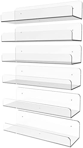 6 Pack 15" Clear Acrylic Shelves Display Ledge for Wall Storage, Acrylic Floating Shelves Wall Mounted for Kids Bookshelf, Bedroom, Living Room, Bathroom, Kitchen.