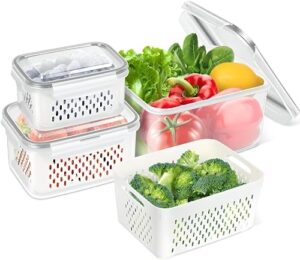 6 Pack Fruit Storage Containers for Fridge with Removable Colander, Airtight Food Storage Containers with Lids, Fresh Produce Fridge Organizer Bins, Fruit Vegetable Kitchen Organizers and Storage