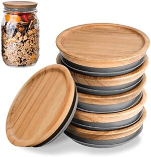 6 Pack Mason Jar Wooden Storage Lids, Reusable Canning Lids, Perfect for Wide Mouth Ball, Kerr, Weck Jars to Stack in Kitchen & Pantry, Food Grade Acacia Wood, BPA-Free, Leak Proof, Airtight