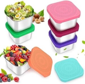 6Pack Stainless Steel Snack Containers, 6oz 304 Stainless Steel Metal Sauce Food Storage Box Containers with Silicone Lids, Reusable Small Portable Leak Proof Food Lunch Boxes Set, Easy Open