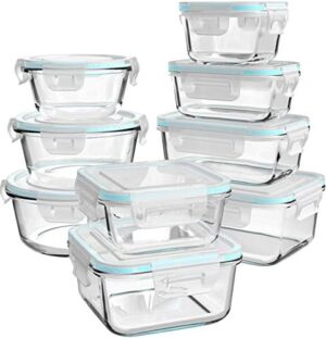 AILTEC Glass Food Storage Containers with Lids, [18 Piece] Meal Prep Containers for Food Storage , BPA Free & Leak Proof (9 Lids & 9 Containers)