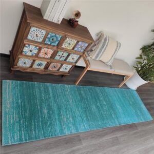 AMIDA 9ft Hall Rugs Runners Non Slip Abstract Teal Runner Rug with Rubber Backing Washable Contemporary Sea Blue Stripe 2.3'x8.9' Flat Weave Pets Friendly Kitchen Runner Indoor Floor Carpet Mat