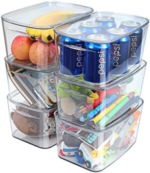 AREYZIN Clear Storage Bins with Lids Kitchen Storage and Organizer 6 Pack Stackable Refrigerator Organizer Bins Lidded Pantry Organization and Storage Containers, 6.8 Quart