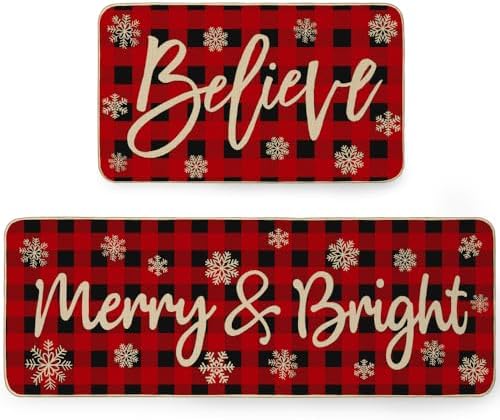 ARKENY Xmas Kitchen Mats Set of 2, Non-Slip Absorbent Snowflakes Decorative Floor Mat,Merry Christmas Home Kitchen Door Mats 17x29 and 17x47 Inch AKM007