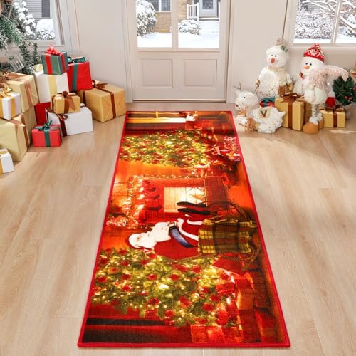 AROGAN Christmas Rug Runner for Hallway Bedroom, 2x6 Feet Runner Rugs for Living Room, Christmas Kitchen Rugs, Non Slip Merry Christmas Welcome Mat, Red Santa Rug Carpets for Porch Entryway Decoration