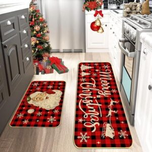 ARTUFAN Christmas Kitchen Floor Mats Set of 2 - Buffalo Plaid Snowflakes and Santa Claus, Non-Slip Kitchen Rugs for Holiday Parties and Home Kitchen Christmas Decorations - 17x29 and 17x47 in