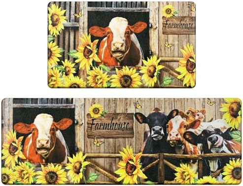 ASPMIZ 2 PCS Kitchen Mat, Farmhouse Cow Kitchen Floor Mats, Sunflower Kitchen Mats Cushioned Anti Fatigue 2 Piece, Kitchen Rugs Non Slip Washable, Waterproof Kitchen Runner Rug 18'' x 48''+18'' x 30''