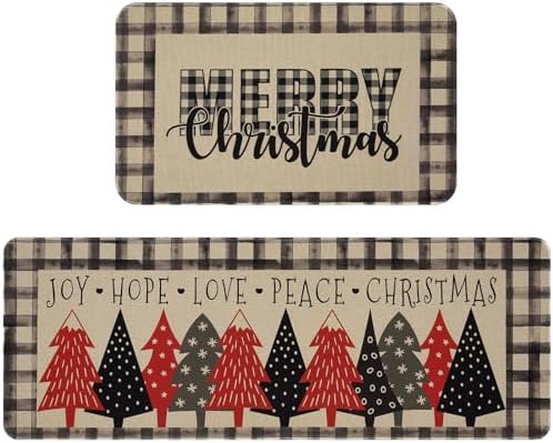 ASPMIZ 2 Pcs Merry Christmas Kitchen Rugs and Mats Set, Buffalo Plaid Vintage Kitchen Mats for Floor 2 Piece, Winter Xmas Tree Non Slip Kitchen Rugs with Rubber Backing, 18'' x 48'' + 18'' x 30''