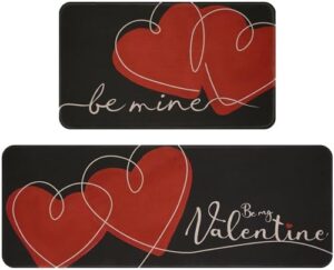 ASPMIZ 2 Pieces Valentines Day Kitchen Rugs, Black Love Heart Kitchen Mats Set of 2, Be Mine Kitchen Rugs Non Slip Washable, Seasonal Decorative Foam Kitchen Mats for Floor, 17'' x 47'' + 17'' x 30''