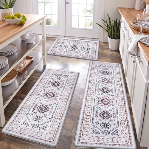 ASPMIZ 3 Piece Kitchen Rug Set with Runner, Boho Memory Foam Kitchen Rugs and Mats Non Skid Washable, Anti Fatigue Kitchen Runner Rug Floor Mats Waterproof, 18'' x 30'' + 18'' x 48'' + 18'' x 60''