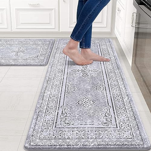 ASPMIZ Boho Kitchen Rugs Set of 2, 20''x47'' + 20''x31'', Farmhouse Kitchen Rugs Non Slip Washable, Waterproof Kitchen Mats Cushioned Anti Fatigue, Kitchen Floor Mats for in Front of Sink, Light Grey