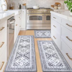 ASPMIZ Boho Kitchen Rugs Set of 3, 20''x59'' + 20''x47'' + 20''x31'', Farmhouse Kitchen Rugs Non Slip, Waterproof Kitchen Mats Cushioned Anti Fatigue Kitchen Floor Mats for in Front of Sink Dark Grey