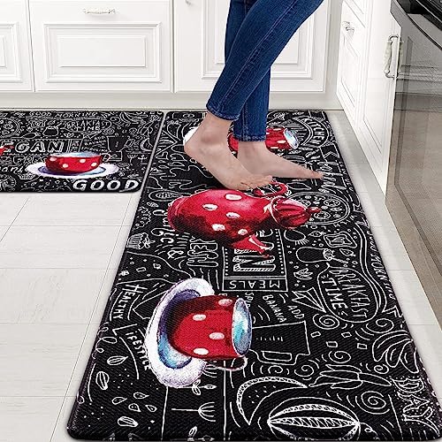 ASPMIZ Coffee Kitchen Mat 2 PCS, Cushioned Anti-Fatigue Kitchen Rugs Non Slip, Memory Foam Kitchen Mats and Rugs, Waterproof Kitchen Floor Comfort Mats for Home & Office, 18'' x 48'' + 18'' x 30''