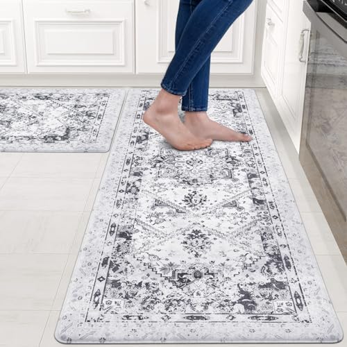 ASPMIZ Gray Boho Kitchen Rugs Sets of 2 Non Slip, Waterproof Kitchen Rugs and Mats Washable, Cushioned Anti-Fatigue Kitchen Rugs, Vintage Kitchen Area Rug Floor for Sink, 18'' x 48'' + 18'' x 30''