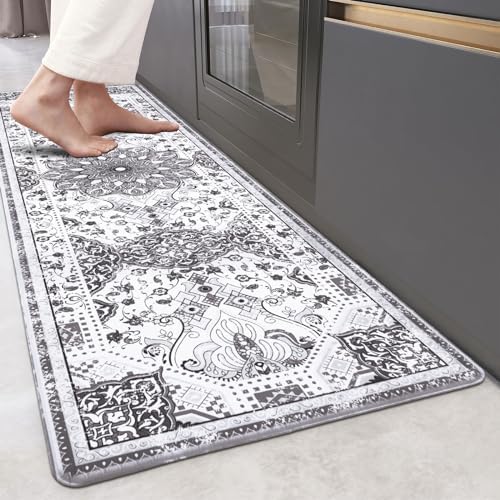 ASPMIZ Gray Boho Runner Rug for Kitchen, Cushioned Anti Fatigue Kitchen Mats for Floor, Waterproof Kitchen Mats and Rugs Non-Slip, Vintage Hallway Runner Rug for Home, Office ＆ Laundry, 18 x 60 Inch