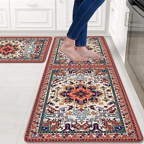 ASPMIZ Kitchen Mats Cushioned Anti Fatigue 2 Piece Set Boho, Washable Kitchen Rugs Non Slip Farmhouse, Bohemian Kitchen Floor Mats for in Front of Sink Waterproof, 17'' x 47'' + 17'' x 30'', Red