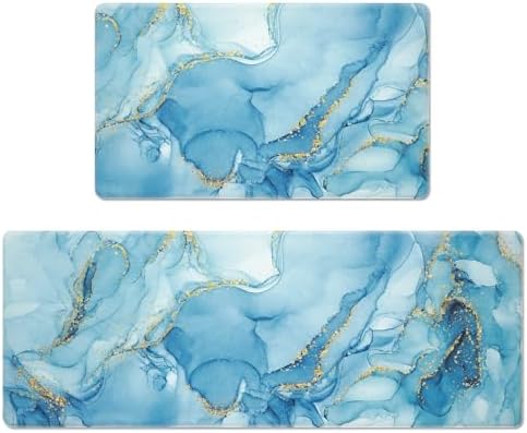 ASPMIZ Marble Kitchen Mat Set of 2, Abstract Waterproof Kitchen Rugs Anti Fatigue Golden Edge PVC Comfort Standing Runner Rug, Non-Slip Memory Foam Kitchen Floor Mat, 18'' x 30'' + 18'' x 48 '', Blue