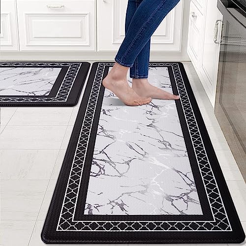 ASPMIZ Marble Kitchen Rugs Non Slip, Silver White Marble Kitchen Mats Cushioned Anti Fatigue, PVC Waterproof Leather Kitchen Rug Modern, Floor Comfort Mat for Kitchen Sink, 18'' x 30'' + 18'' x 48 ''