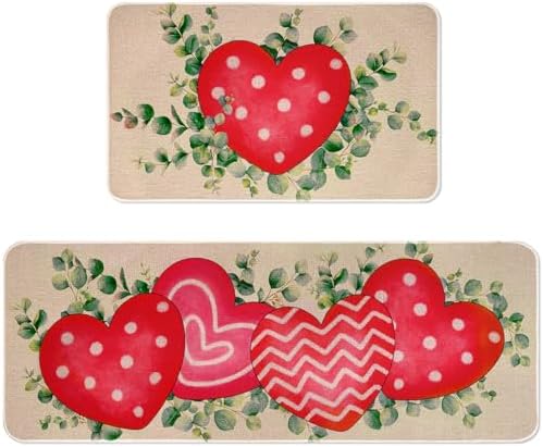 ASPMIZ Valentine's Day Kitchen Rugs Set of 2 Non Slip, Love Heart Kitchen Mats for Floor Washable, Valentine Kitchen Runner Rug Romantic Floor Comfort Mats, Valentine Decor, 18'' x 30'' + 18'' x 48''