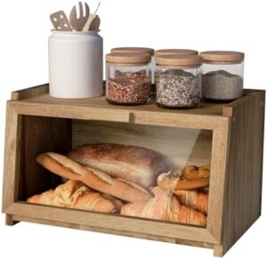 Acacia Wood Bread Box for Kitchen Countertop, Large Wooden Bread Storage Container, with Clear Window Back Air Vent and Anti-falling Design, Bread Boxes for Keeping Food Fresh in Home and Kitchen