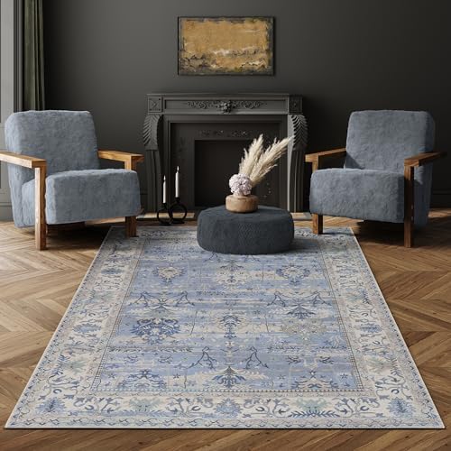 Adiva Rugs Machine Washable Area Rug with Non Slip Backing for Living Room, Bedroom, Bathroom, Kitchen, Printed Vintage Home Decor, Floor Decoration Carpet Mat (Blue, 4' x 6')