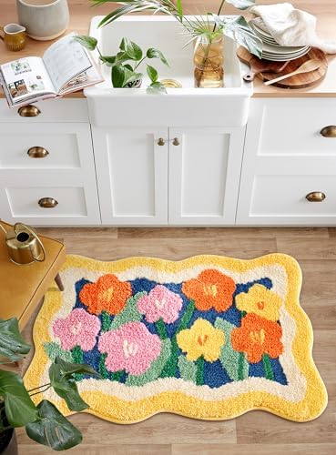 Aldopein Colorful Cute Flower Rug, Vibrant Fluffy Shaggy Boho Floral Bathroom Kitchen Rugs Mat Yellow/Orange/Pink, Non-Slip Washable 2x3 Small Aesthetic Bedroom Accent Rug Trendy Funky Throw Rug