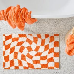 Aldopein Orange Groovy Checkerboard Rug for Bathroom Kitchen Non Slip Machine Washable, 2x3 Indoor Funky Aesthetic Trippy Cute Simple Plush Small Area Rugs for Bedroom Dorm College Y2K Preppy Rug