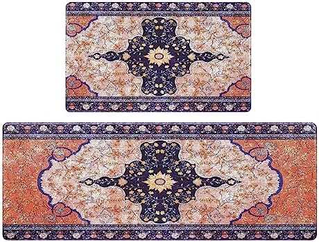 Alishomtll 2 PCS Kitchen Rugs, Floral Cushioned Anti-Fatigue Kitchen Rugs, Kitchen Mats for Kitchen Floor Laundry Office