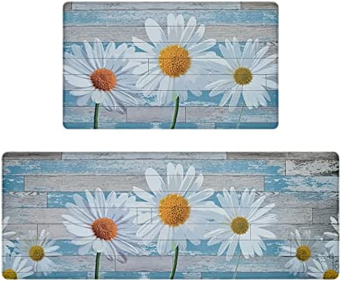 Alishomtll 2 Pcs Farmhouse Kitchen Rugs, Daisy Kitchen Mats for Floor, Waterproof Kitchen Rugs Non Slip, Cushioned Kitchen Rugs and Mats Anti Fatigue for Floor Laundry Office,17"x 29"+17"x 47"