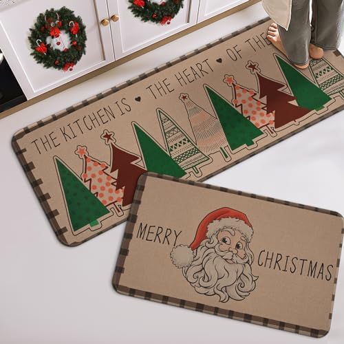 Alishomtll Christmas Kitchen Mats for Floor 2 Pieces, Non Slip Absorbent Kitchen Rugs Washable for Christmas Decor, Santa Christmas Tree Door Mat and Rug, 17''x47''+17''x29''