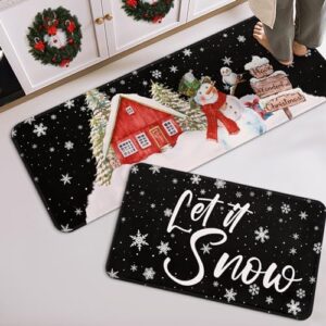 Alishomtll Christmas Kitchen Mats for Floor 2 Pieces, Washable Absorbent Kitchen Rugs Non Slip for Christmas Decor, Snowman Black Christmas Door Mat and Rug, 17''x47''+17''x29''