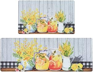 Alishomtll Lemon Kitchen Mat Cushioned Anti Fatigue 2 Piece,Yellow Farmhouse Kitchen Rugs Non Slip, Standing Floor Mat Runner Rugs for Kitchen Room Decor,17''x29''+17''x47''