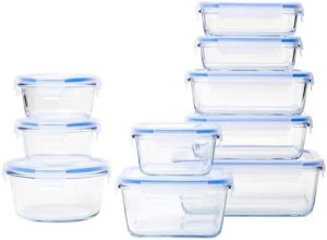 Amazon Basics 20-Piece Glass Food Storage Containers, 10 Count of Bases and Plastic Lids, Transparent, Blue