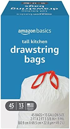 Amazon Basics Tall Kitchen Drawstring Trash Bags, 13 Gallon, Unscented, 45 Count (Previously Solimo), White