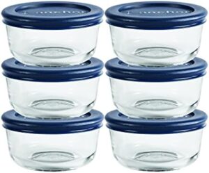 Anchor Hocking 1-Cup Round Food Storage Containers Clear glass with Blue Plastic Lids, Set of 6 -