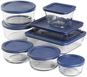 Anchor Hocking 16 Piece Round and Rectangle Glass Food Storage Containers, Space Saving Meal Prep, Navy BPA-Free SnugFit Lids