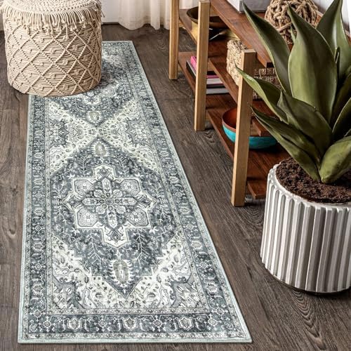 Anidaroel Oriental Hallway Runner Rug, 2x6 Washable Non-Slip Grey Kitchen Rug Runner, Low-Pile Soft Laundry Room Runner Mat, Indoor Throw Carpet Runner for Bathroom Bedroom