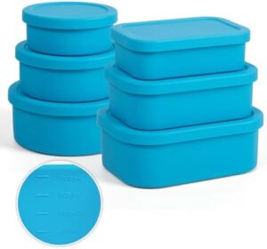 Annaklin Nesting Silicone Food Storage Containers with Lid and Measuring Lines, 6 Pack, Hard-Shell Silicone Microwave Egg Cooker Poacher Egg Mold, Air Fryer Freezer Dishwasher Safe, BPA Free, Blue