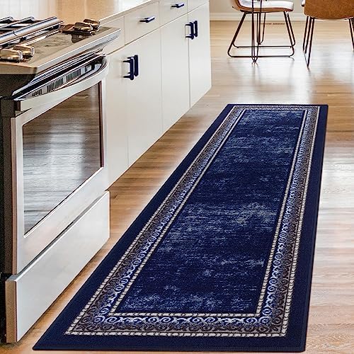 Antep Rugs Alfombras Bordered Modern 2x7 Non-Slip (Non-Skid) Low Pile Rubber Backing Indoor Area Runner Rug (Navy, 2' x 7')