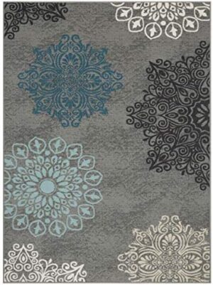 Antep Rugs Alfombras Modern Floral 2x4 Non-Skid (Non-Slip) Low Profile Pile Rubber Backing Kitchen Area Rugs (Gray, 2'3" x 4')