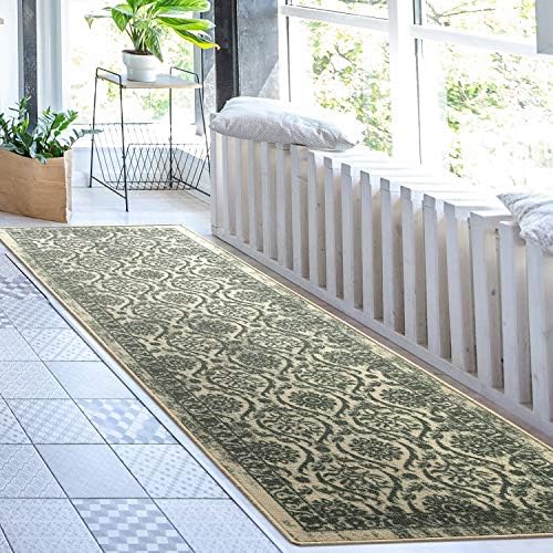 Antep Rugs Alfombras Non-Skid (Non-Slip) 2x7 Rubber Backing Floral Geometric Low Profile Pile Indoor Area Runner Rugs (Dark Green, 2' x 7')